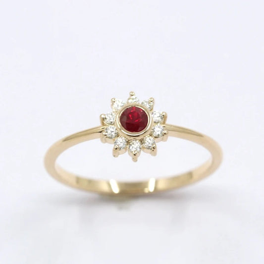 14K RUBY BEZEL DIAMOND FLOWER RING