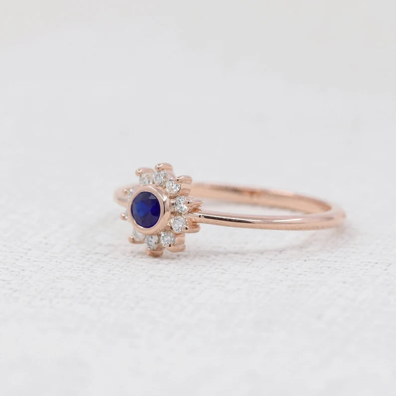 14K SAPPHIRE BEZEL DIAMOND FLOWER RING