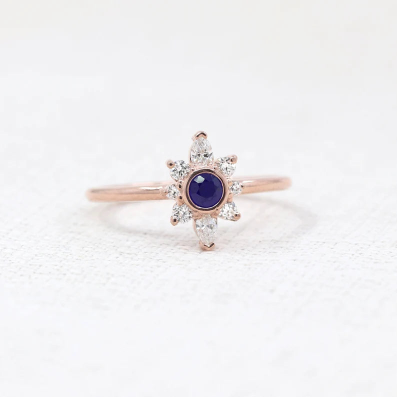 14K SAPPHIRE BEZEL DIAMOND FLOWER RING