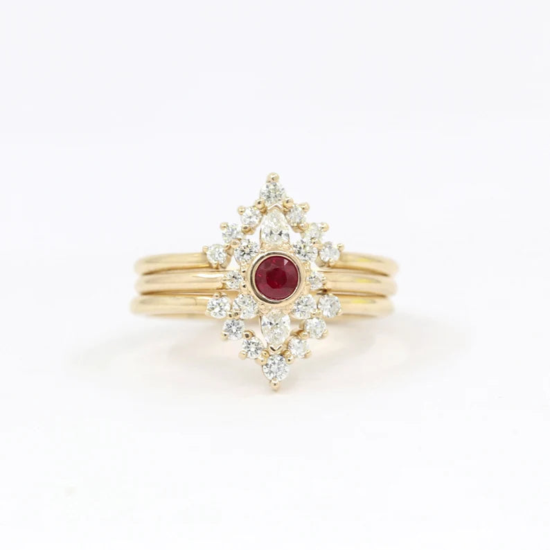 14K RUBY BEZEL FLOWER DIAMOND V BAND 3 RING SET