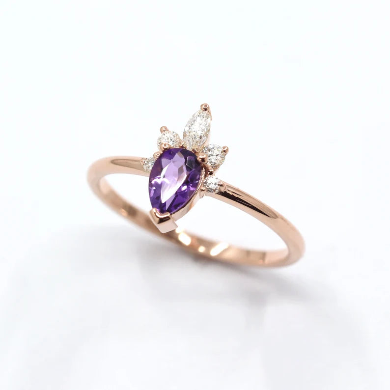 14K PEAR AMETHYST DIAMOND CROWN RING