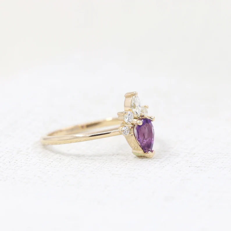 14K PEAR AMETHYST DIAMOND CROWN RING