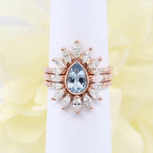 14K PEAR AQUAMARINE BEZEL RING MARQUISE DIAMOND BAND 3 RING SET