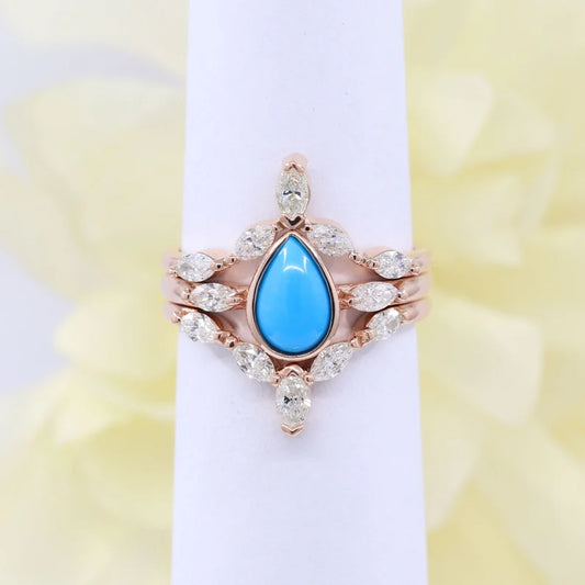 14K TURQUOISE BEZEL RING MARQUISE DIAMOND CHEVRON BAND 3 RING SET