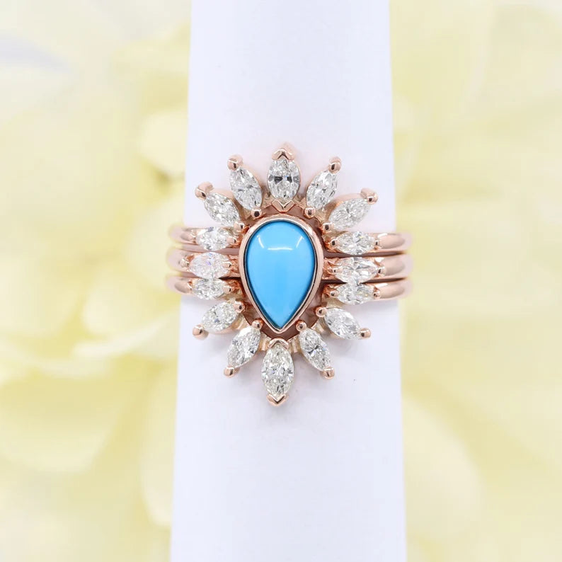 14K TURQUOISE BEZEL RING MARQUISE DIAMOND BAND 3 RING SET