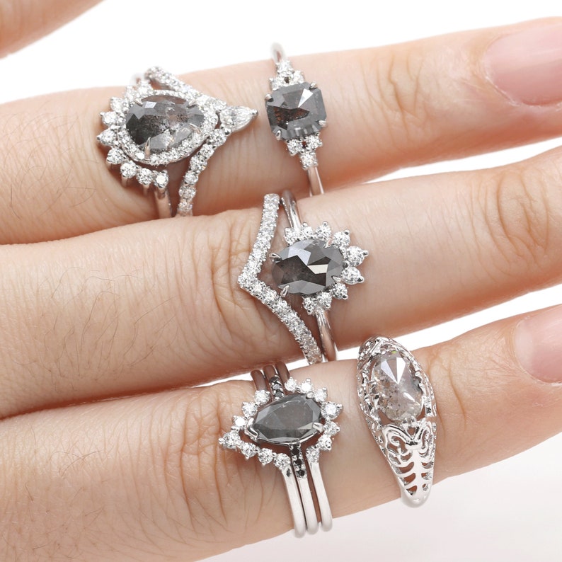 14K PEAR SALT AND PEPPER RING DIAMOND CROWN BAND 3 RING SET
