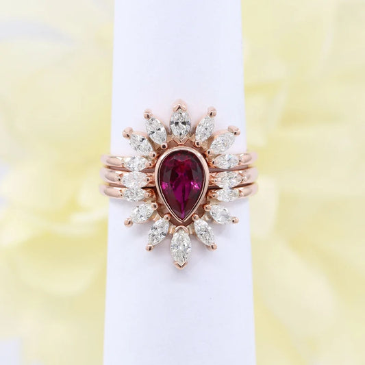 14K RUBY BEZEL RING MARQUISE DIAMOND CROWN U BAND 3 RING SET