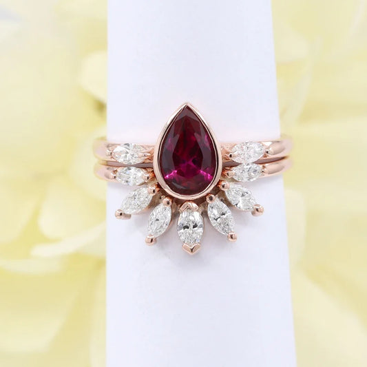 14K LAB RUBY BEZEL RING MARQUISE DIAMOND CROWN U BAND 2 RING SET