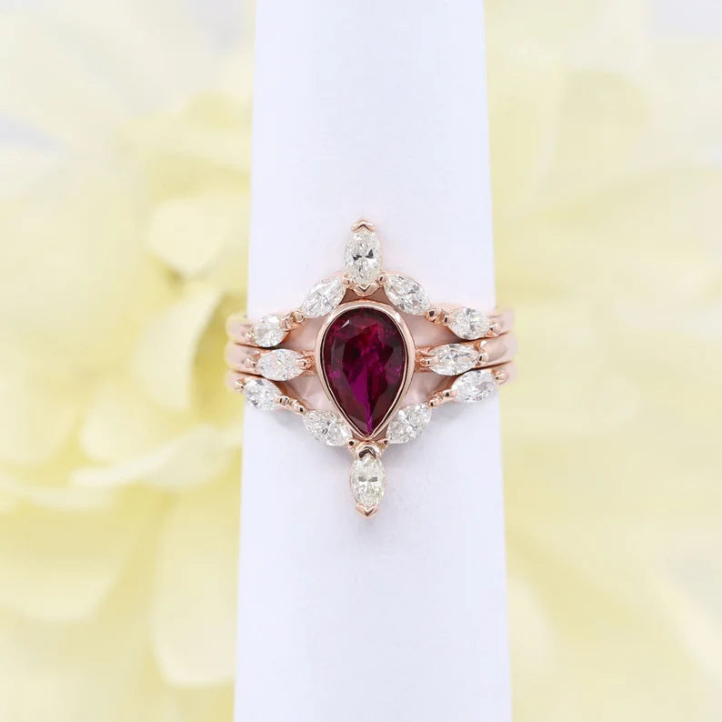 14K LAB RUBY BEZEL RING MARQUISE DIAMOND CHEVRON BAND 3 RING SET