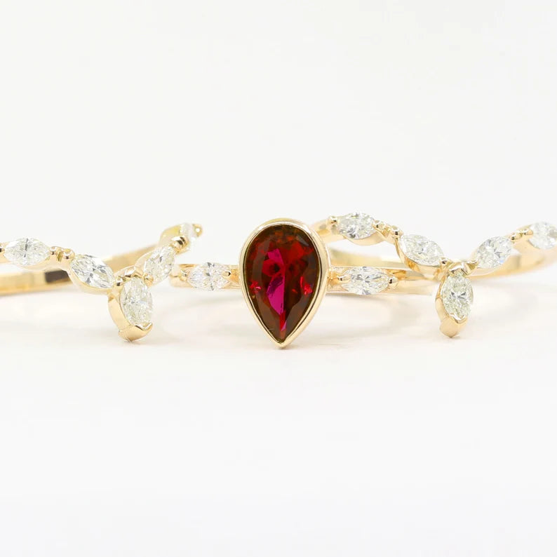 14K LAB RUBY BEZEL RING MARQUISE DIAMOND CHEVRON BAND 3 RING SET