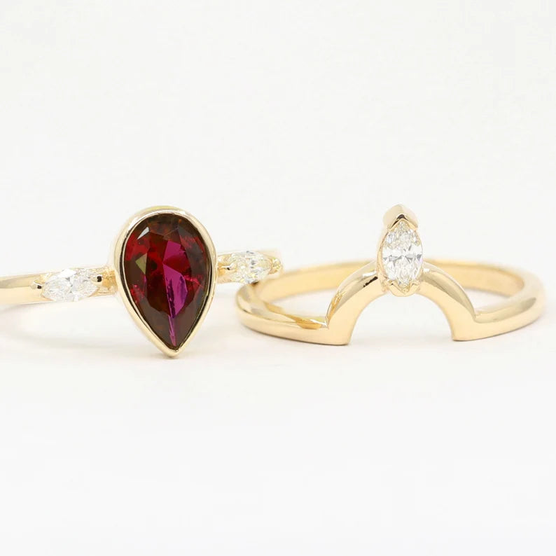 14K LAB RUBY BEZEL RING MARQUISE DIAMOND CROWN U BAND 2 RING SET