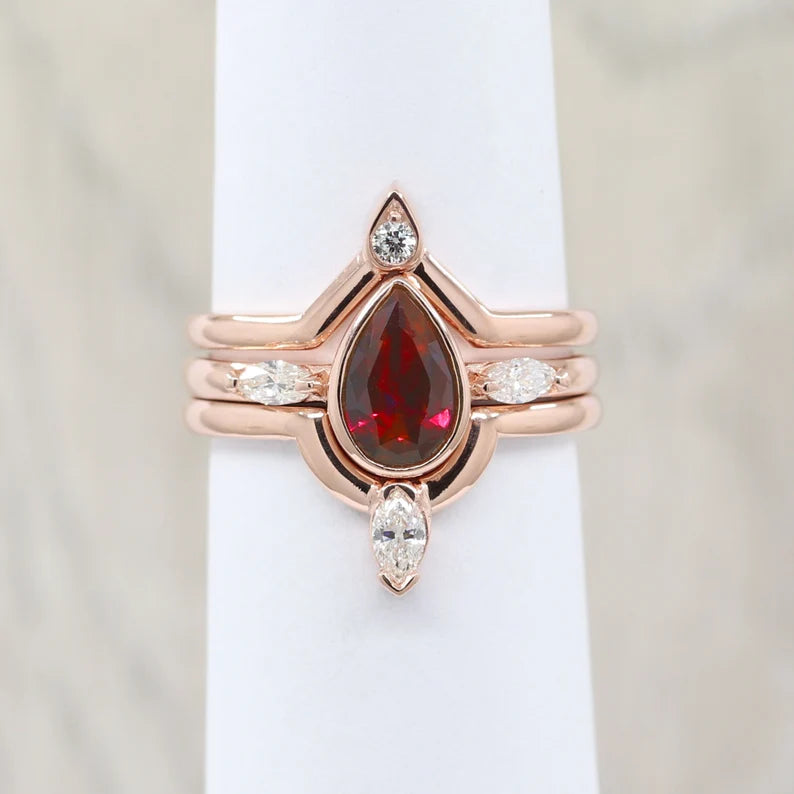 14K RUBY BEZEL RING DIAMOND BAND 3 RING SET