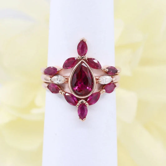 14K RUBY BEZEL RING MARQUISE RUBY CHEVRON BAND 3 RING SET