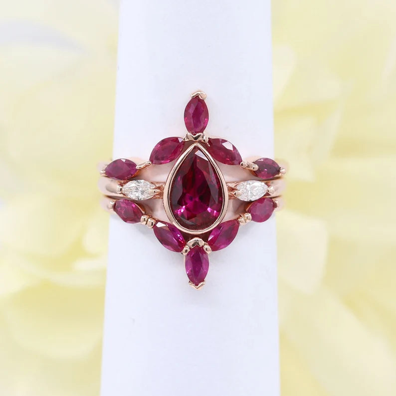 14K LAB RUBY BEZEL RING MARQUISE RUBY CHEVRON BAND 3 RING SET