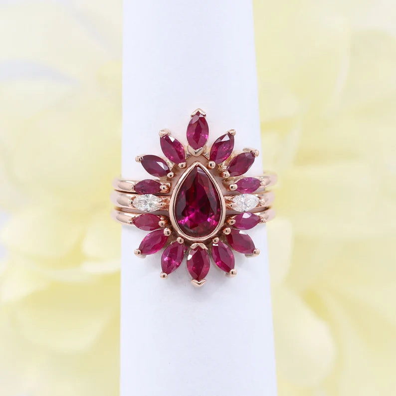 14K LAB RUBY BEZEL RING MARQUISE RUBY CROWN U BAND 3 RING SET