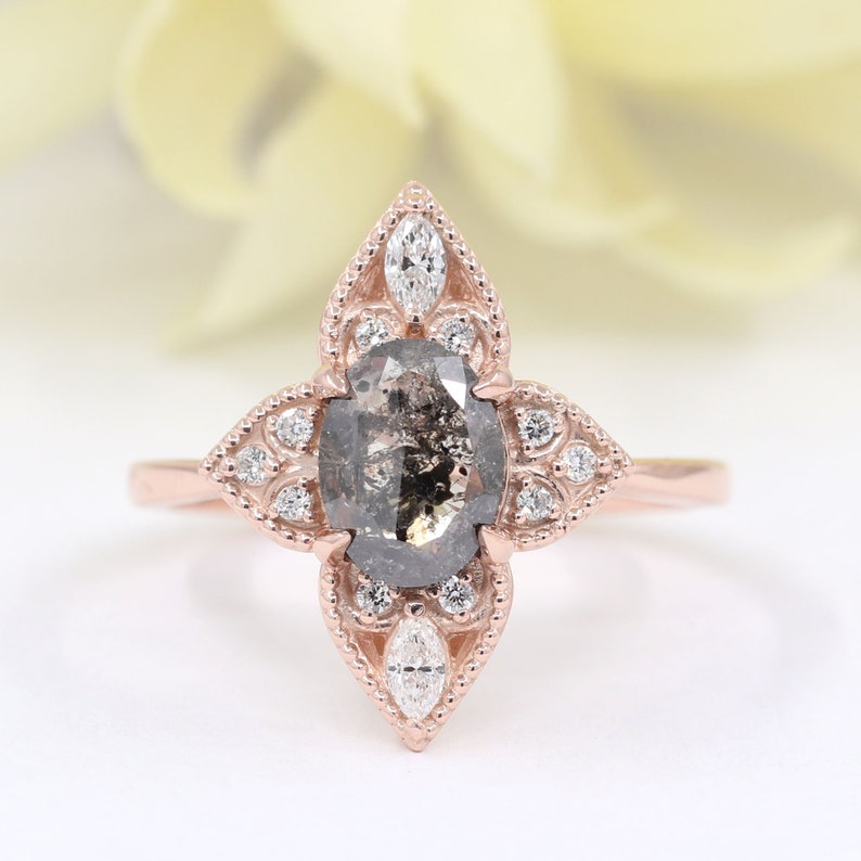 14K 1.42CT SALT AND PEPPER DIAMOND FLOWER RING