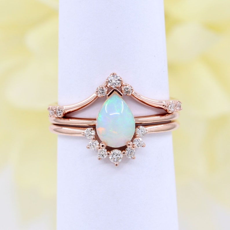 14K PEAR OPAL RING DIAMOND CROWN U BAND 3 RING SET