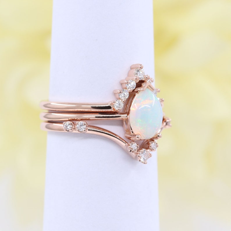 14K PEAR OPAL RING DIAMOND CHEVRON BAND 3 RING SET