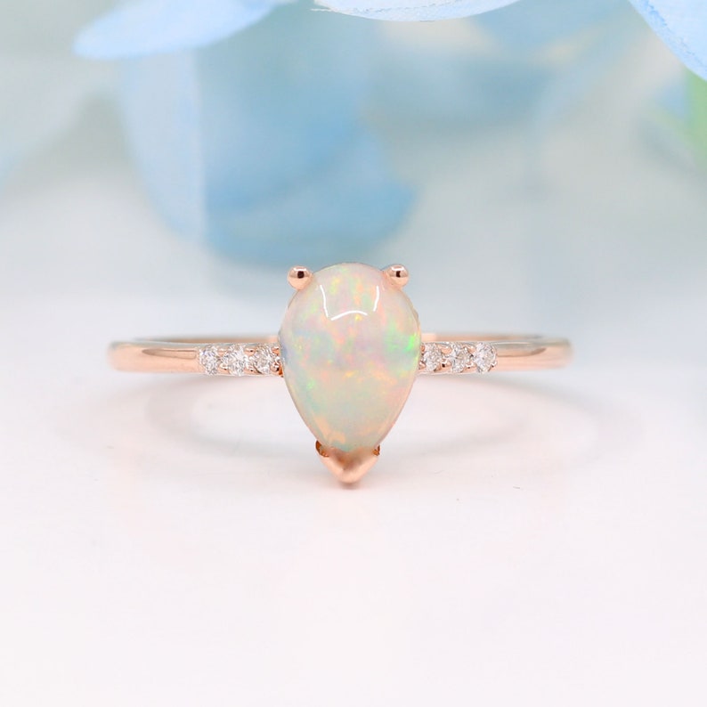 14K PEAR OPAL RING DIAMOND CHEVRON BAND 2 RING SET