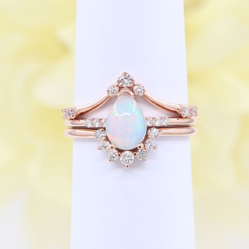 14K PEAR OPAL RING DIAMOND CHEVRON BAND 3 RING SET