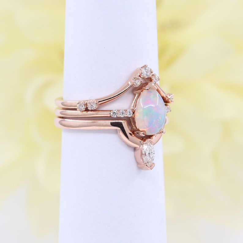 14K PEAR OPAL RING MARQUISE DIAMOND CROWN U BAND 3 RING SET