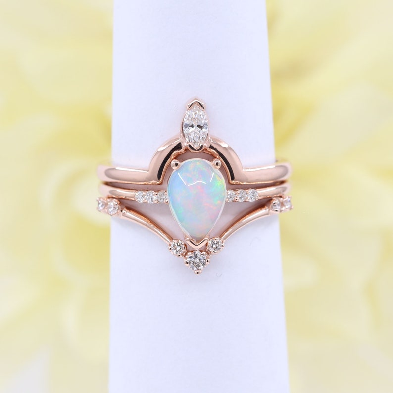 14K PEAR OPAL RING MARQUISE DIAMOND CROWN U BAND 3 RING SET