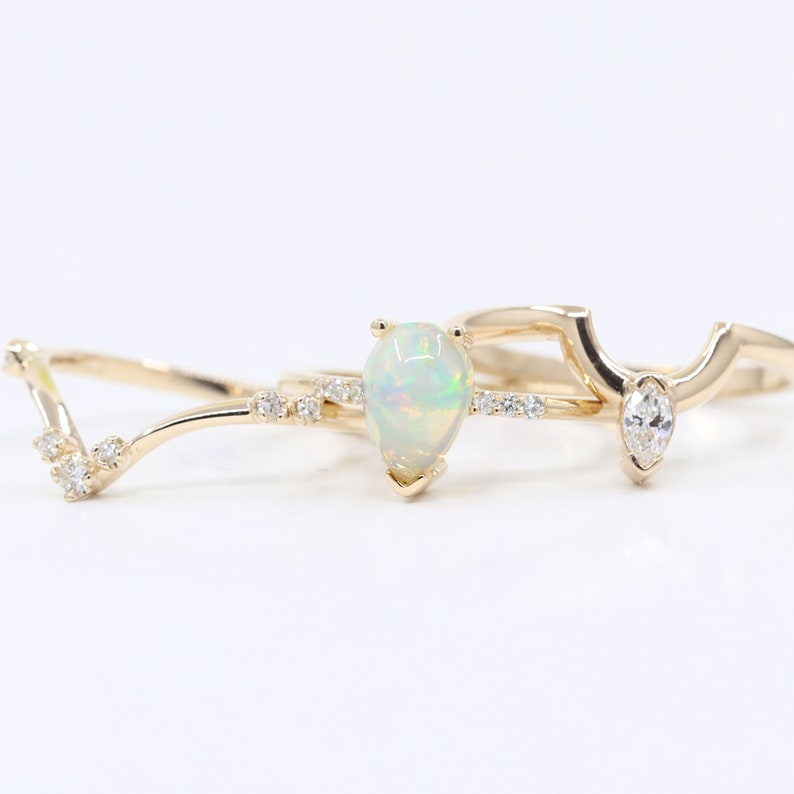 14K PEAR OPAL RING MARQUISE DIAMOND CROWN U BAND 3 RING SET