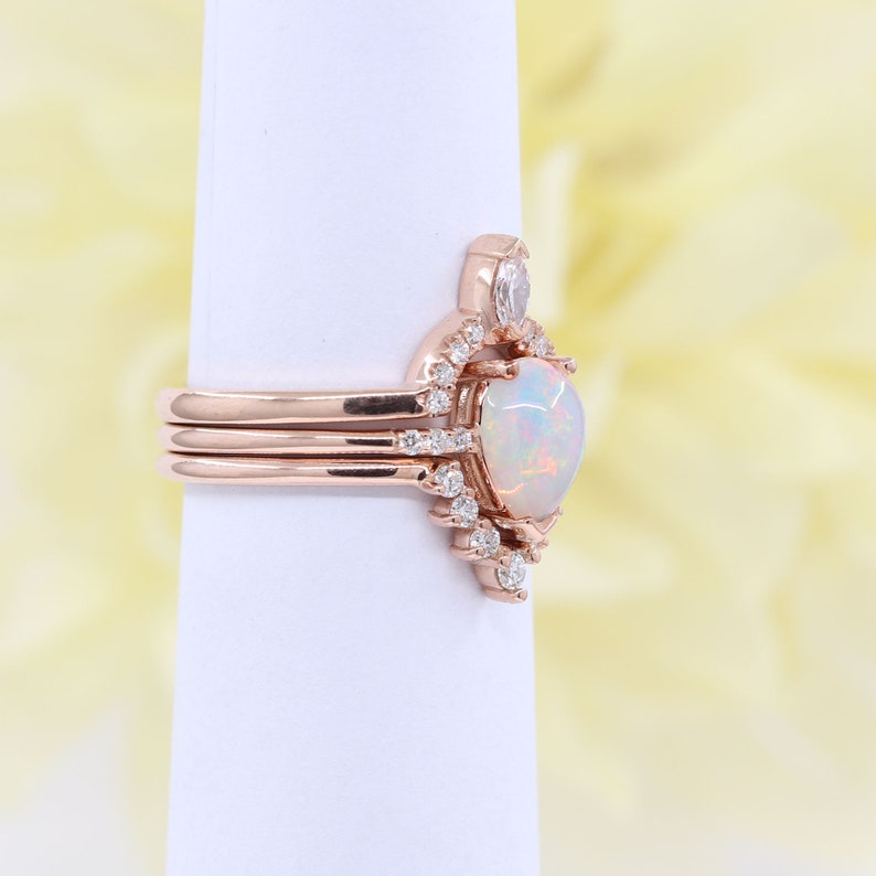 14K PEAR OPAL RING MARQUISE DIAMOND CROWN U BAND 3 RING SET