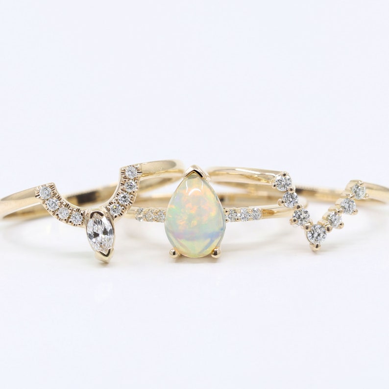 14K PEAR OPAL RING MARQUISE DIAMOND CROWN U BAND 3 RING SET