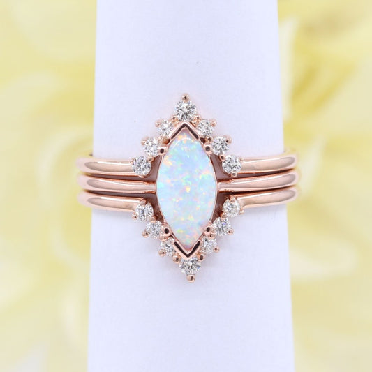 14K MARQUISE OPAL RING DIAMOND V BAND 3 RING SET