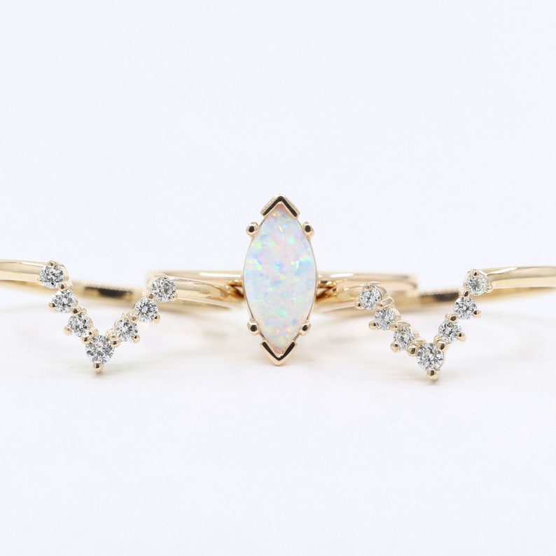 14K MARQUISE OPAL RING DIAMOND V BAND 3 RING SET