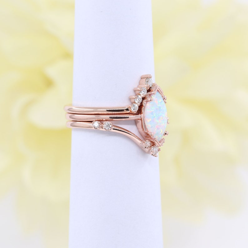 14K MARQUISE OPAL RING DIAMOND CHEVRON BAND 3 RING SET