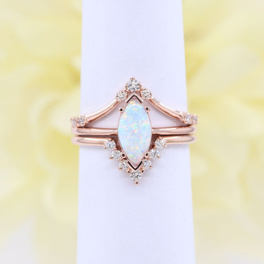 14K MARQUISE OPAL RING DIAMOND CHEVRON BAND 3 RING SET