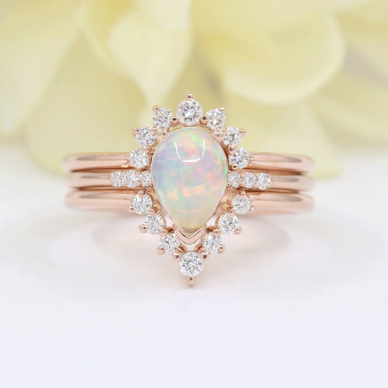 14K PEAR OPAL DIAMOND SOLITAIRE RING