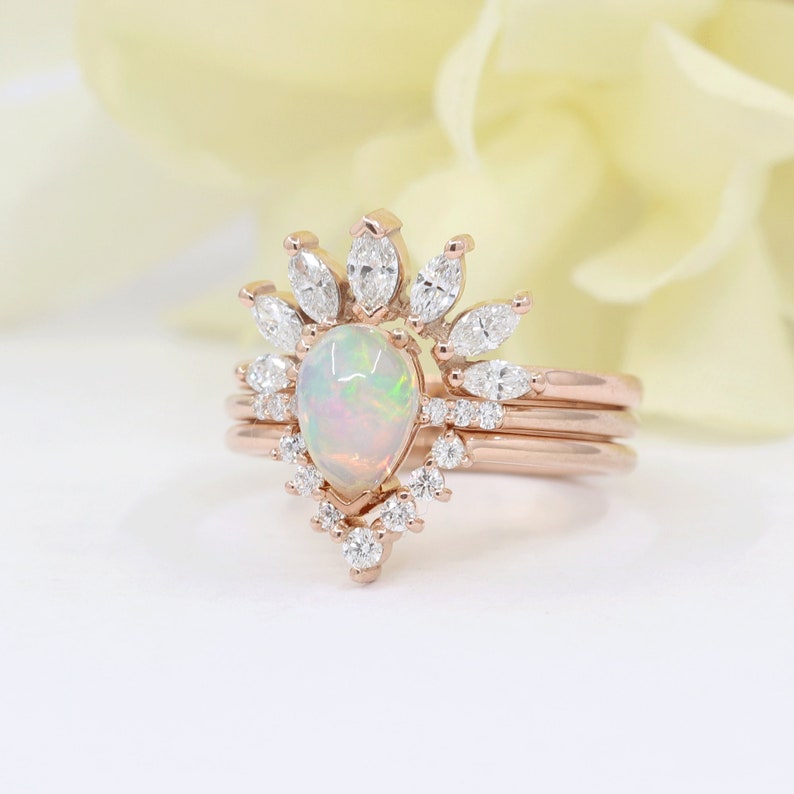 14K PEAR OPAL RING MARQUISE DIAMOND CROWN U BAND 3 RING SET