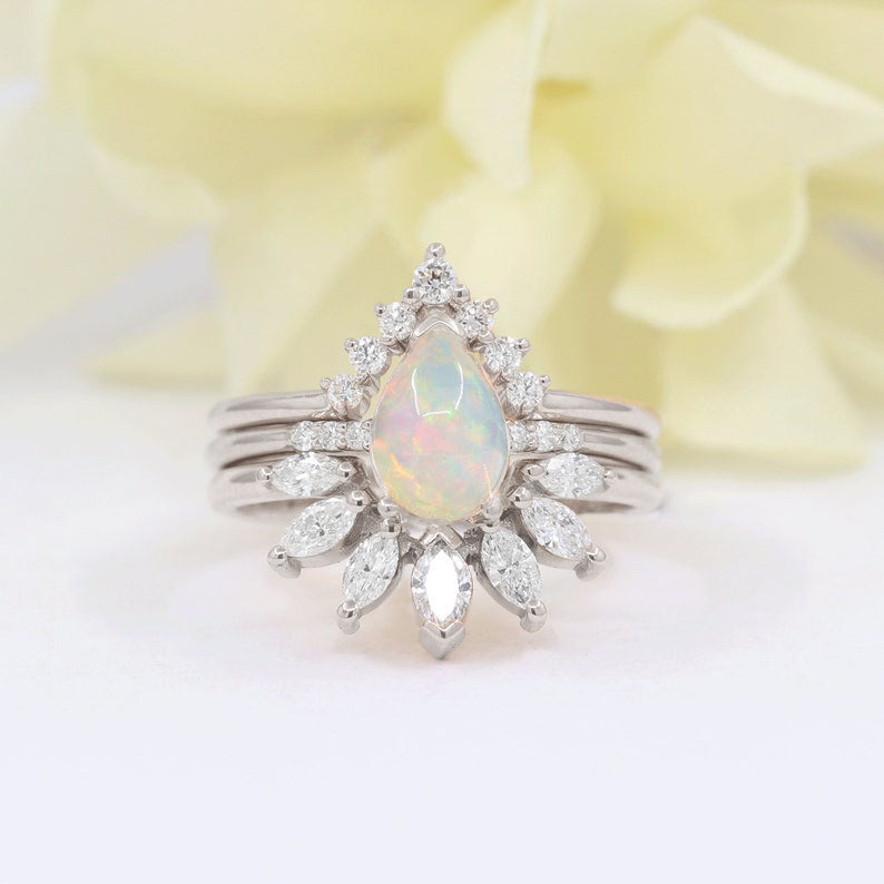 14K PEAR OPAL RING MARQUISE DIAMOND CROWN U BAND 3 RING SET