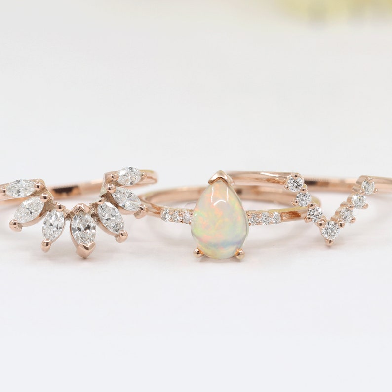 14K PEAR OPAL RING MARQUISE DIAMOND CROWN U BAND 3 RING SET