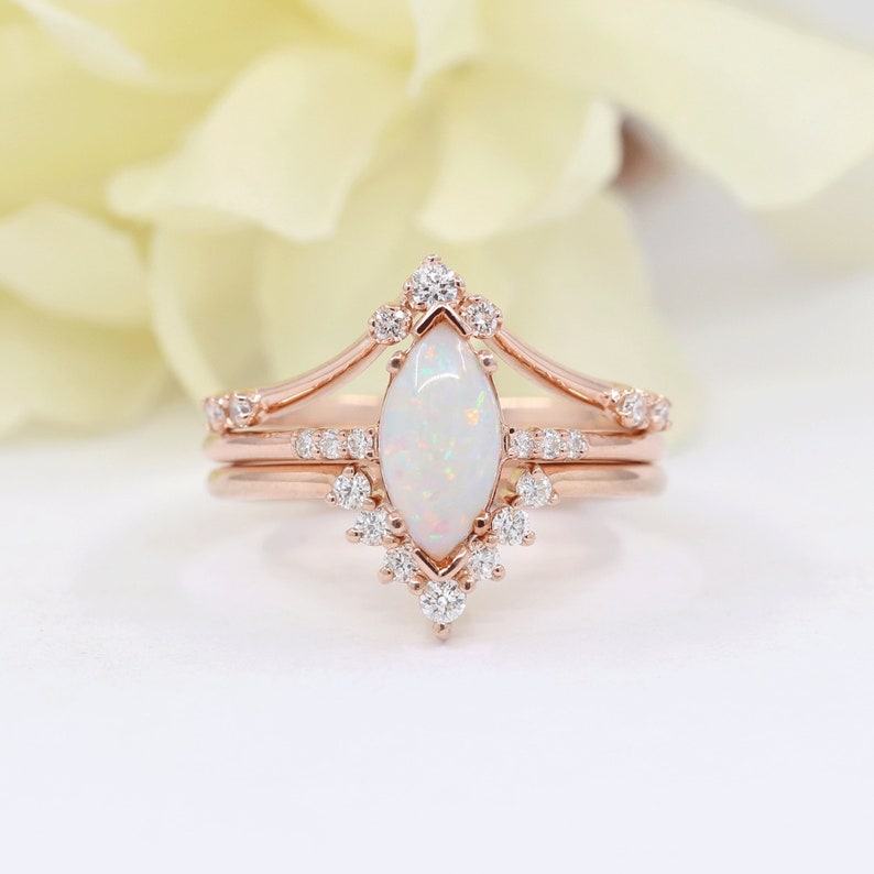 14K MARQUISE OPAL RING DIAMOND CHEVRON BAND 3 RING SET