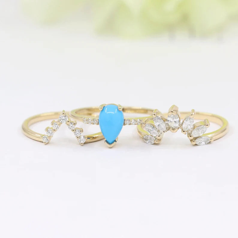 14K TURQUOISE RING DIAMOND V BAND 3 RING SET