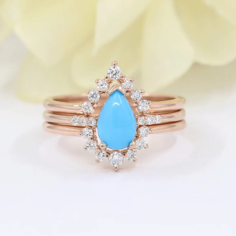 14K TURQUOISE RING DIAMOND CROWN U BNAD 3 RING SET