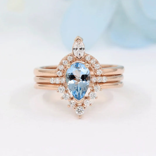 14K PEAR AQUAMARINE RING MARQUISE DIAMOND CROWN U BAND 3 RING SET