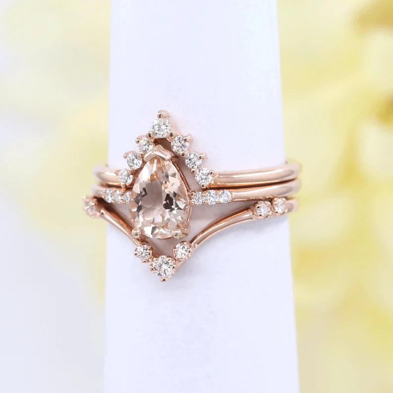 14K PEAR MORGANITE RING DIAMOND CHEVRON BAND 3 RING SET