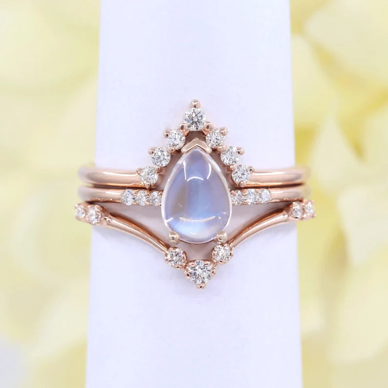 14K MOONSTONE RING DIAMOND CHEVRON BAND 3 RING SET