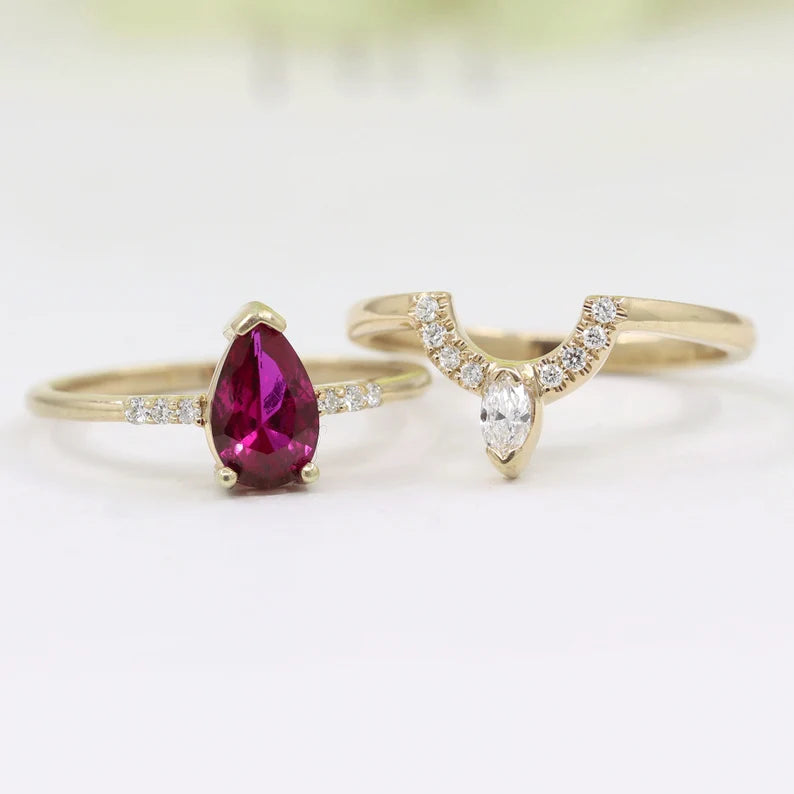 14K RUBY RING MARQUISE DIAMOND CROWN U BNAD 2 RING SET