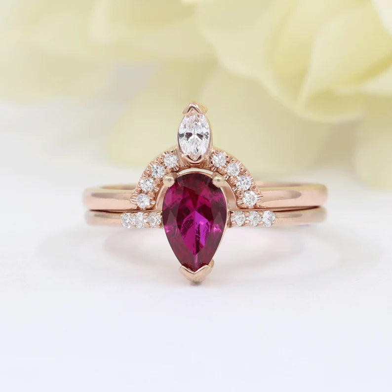 14K RUBY RING MARQUISE DIAMOND CROWN U BNAD 2 RING SET