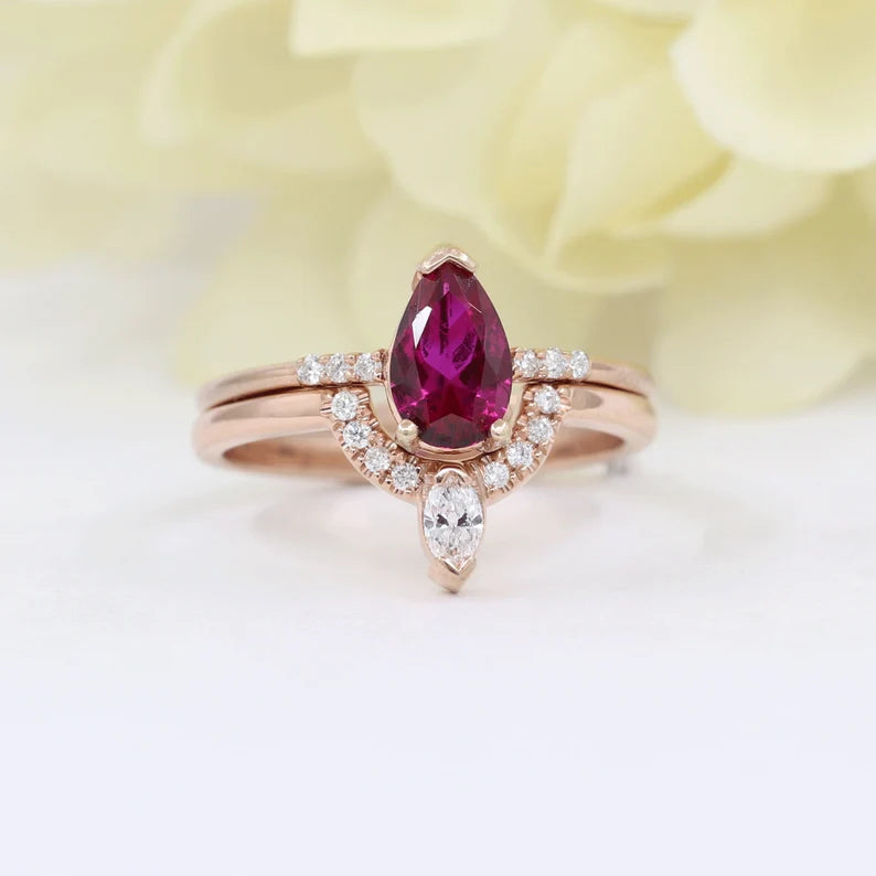 14K RUBY RING MARQUISE DIAMOND CROWN U BNAD 2 RING SET