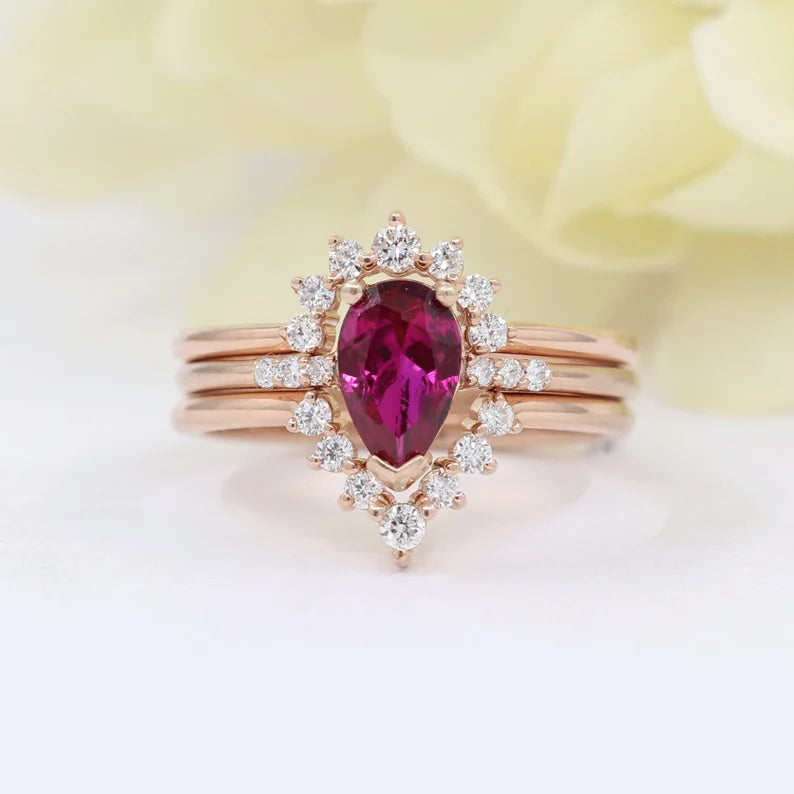 14K RUBY RING DIAMOND V BAND 3 RING SET