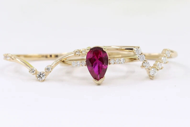 14K RUBY RING DIAMOND CHEVRON BAND 3 RING SET