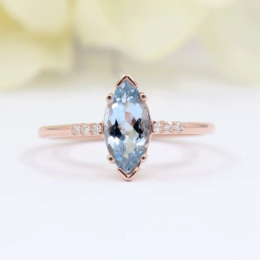 14K MARQUISE AQUAMARINE DIAMOND SOLITAIRE RING