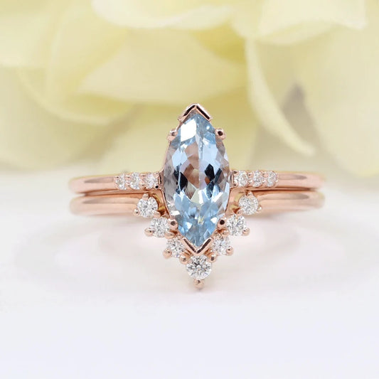 14K MARQUISE AQUAMARINE RING DIAMOND V BAND 2 RING SET